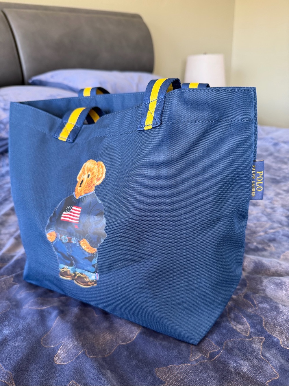 Polo by Ralph Lauren Navy Tote with Yellow-Striped Handles and Bear Graphic - Picture 15 of 16